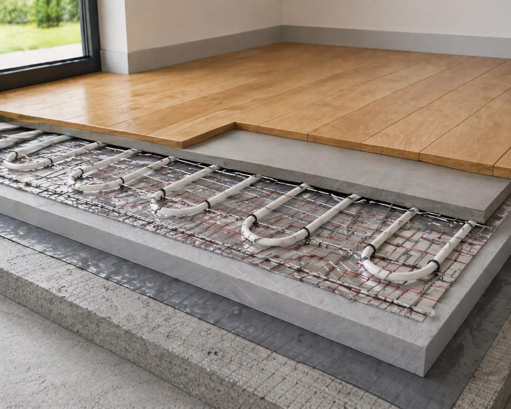 Droogbouw vloerverwarming met isolatieplaten systeem voor energiezuinige warmteverdeling in woningen